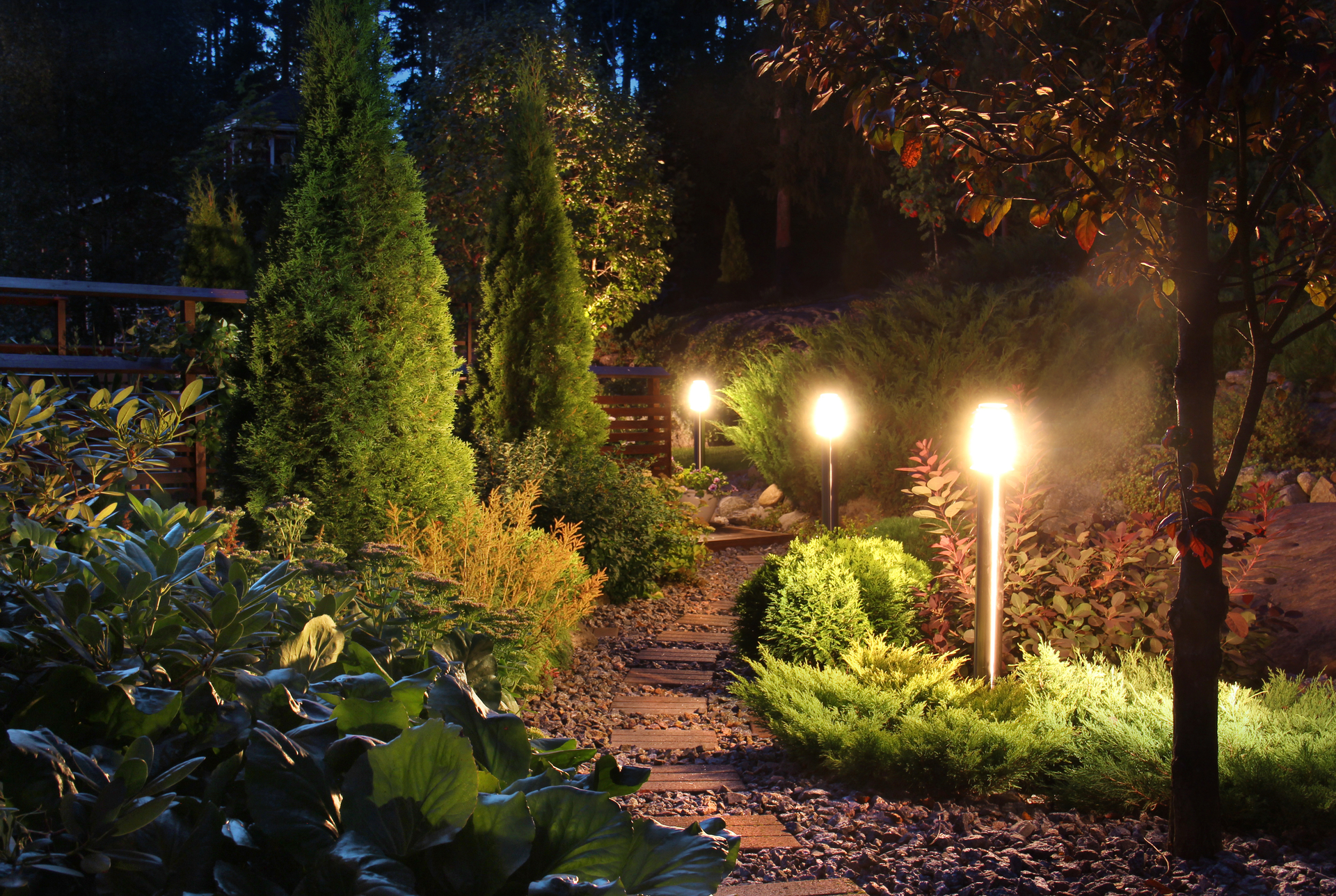 A garden pathway with lighting